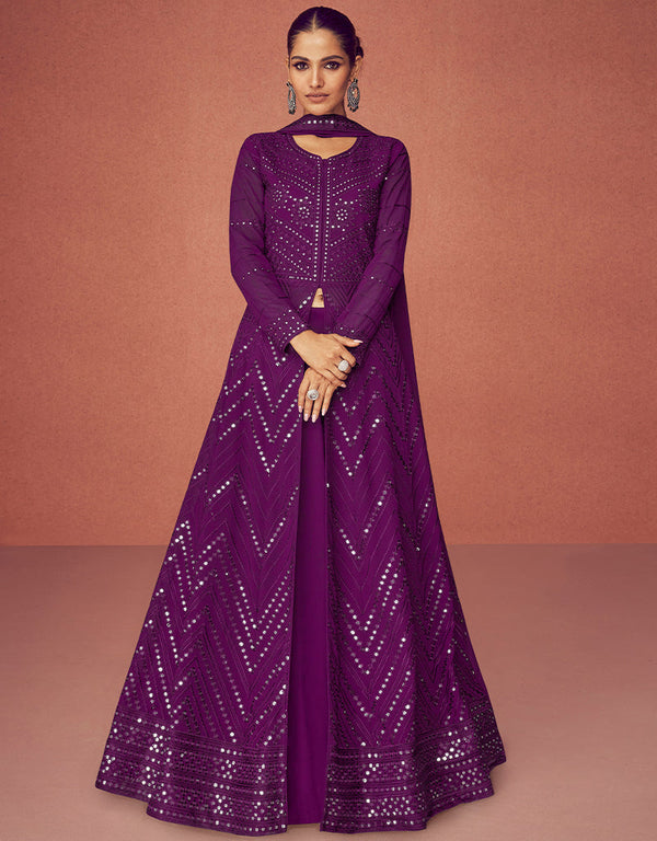 Designer Function Wear Real Georgette Salwar Suit Collection Purple Real Georgette Pant Anarkali Front View